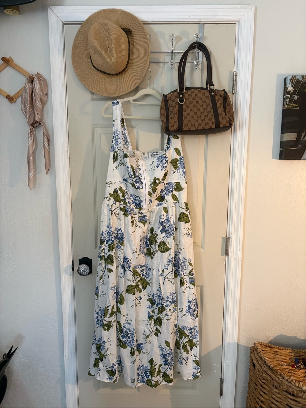 Reformation White Midi Dress with Blue Floral Print